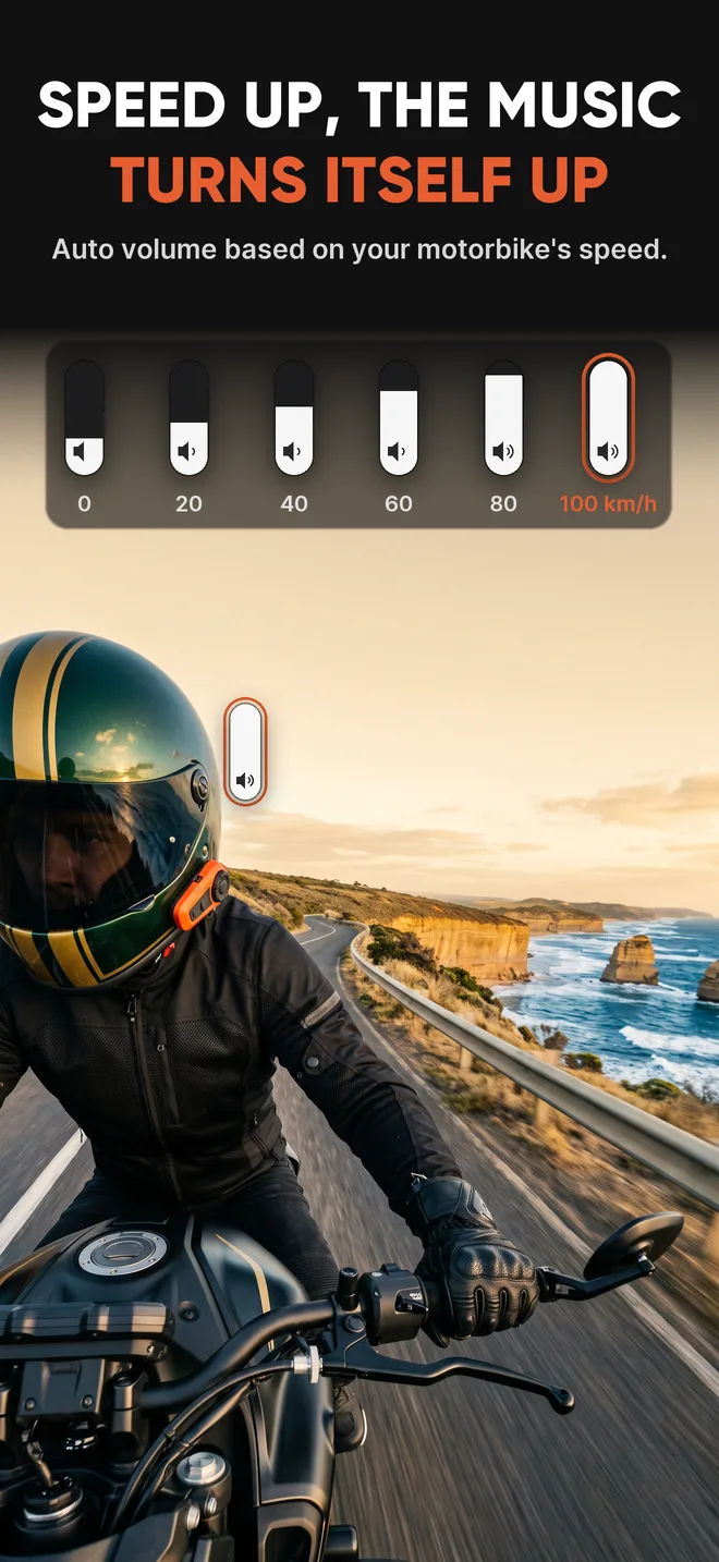 Rider on a coastal road, volume at 100 km/h
