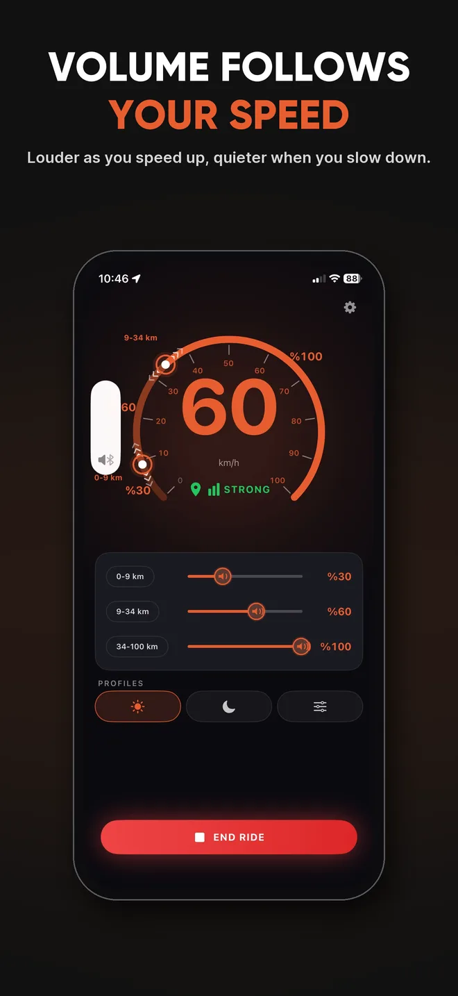 MotoVolume speedometer at 60 km/h